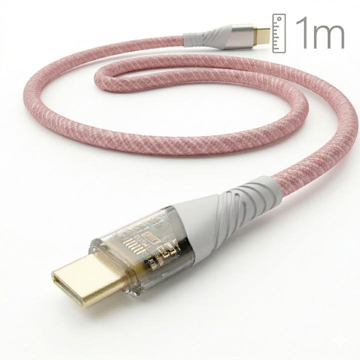 Cablu de date si incarcare rapida Wyred by Monga - Wyre 100C B, USB-C la USB-C, Power Delivery 100W, 5A, Braid 48 fire, Mufa Transparenta, 1m, Roz