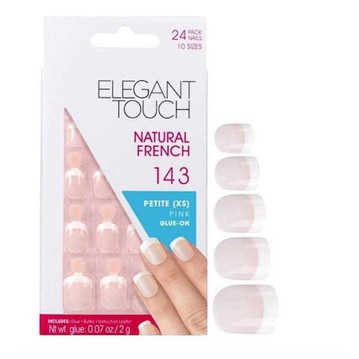 Szett, Elegant Touch, Natural French, szögletes, műköröm, rózsaszín, 143, Petite (XS), 24 db