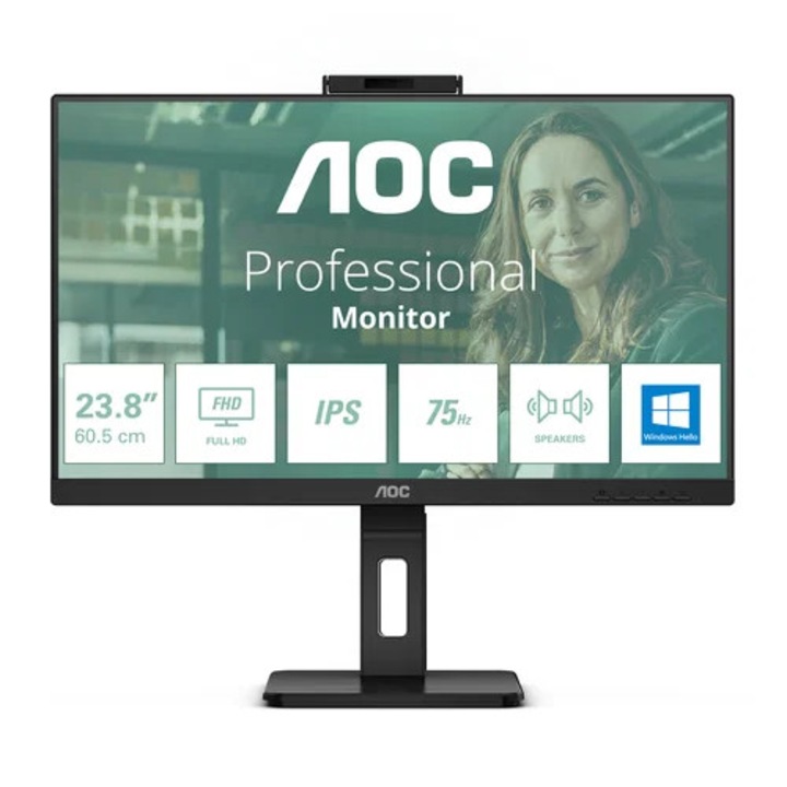 Monitor AOC 24P3CW Display de afaceri IPS Full HD de 23, 8 inci cu USB-C 65W PD, camera web de 5MP si hub Ethernet