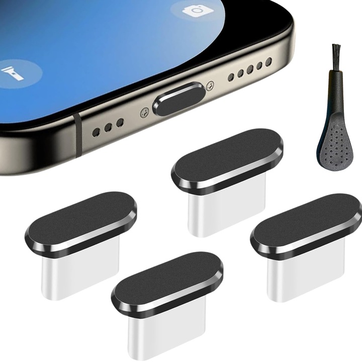 Set 4 protectii port Type-C cu perie de curatare Comari®, anti-praf, aluminiu + silicon, compatibil universal, Negru
