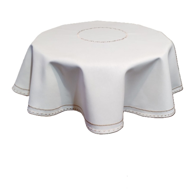 Fata de masa rotunda, brodata, anti-pata, impermeabila, D 200 cm, Casa Bucuriei, model Diamond, crem deschis