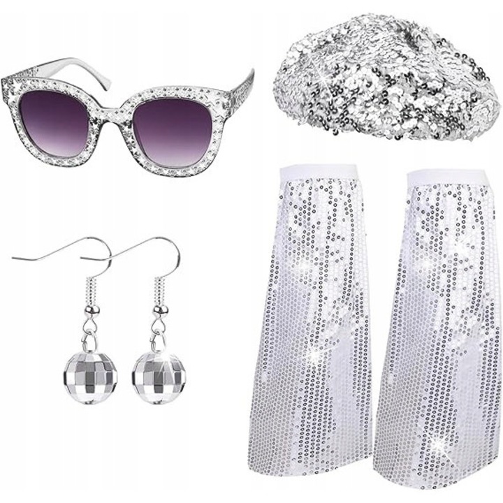 Set accesorii disco retro pentru petrecere, costum 70-80, bereta cu paiete, ochelari, cercei, bratari