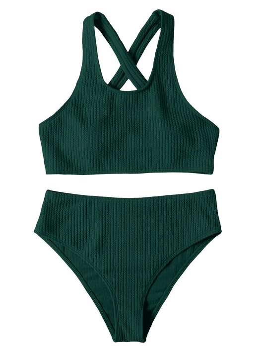 Costum de baie dama, doua piese, talie inalta, verde, Verde