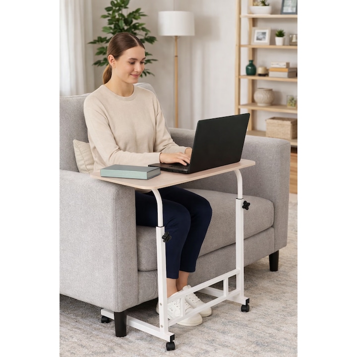 Masuta de servire la pat / Masuta laptop cu structura metalica - inaltime reglabila (63-75 cm) cu blat din lemn MDF (60 x 40 cm) si roti