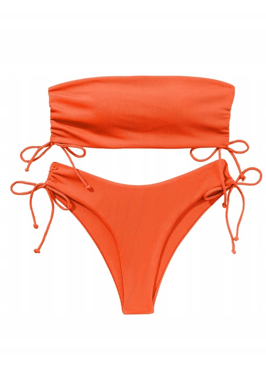 Costum de baie dama, tip bandeau, bikini cu talie inalta, doua piese, Portocaliu