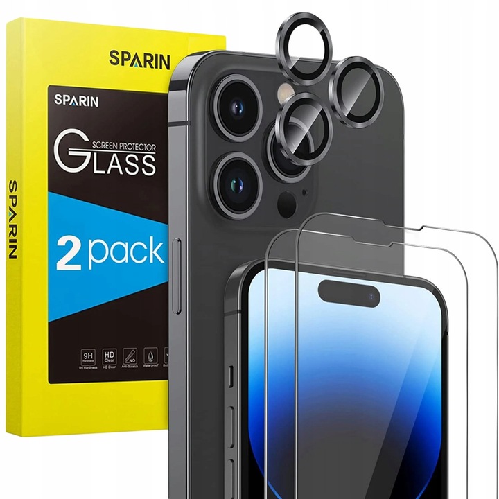 Set Folii Protectie Szklo Hartowane 9H pentru iPhone 14 Pro Max, 2x Ecran + 2x Oslona Aparat, Transparent