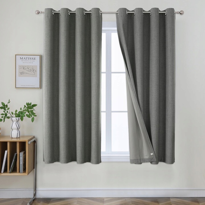 Draperii termice, 132x210cm, set 2 bucati, imitatie de in, gri