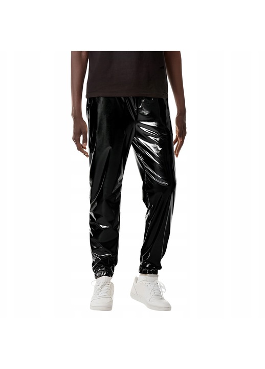 Pantaloni barbati, stralucitori, negri, metalici, talie elastica, XL INTL