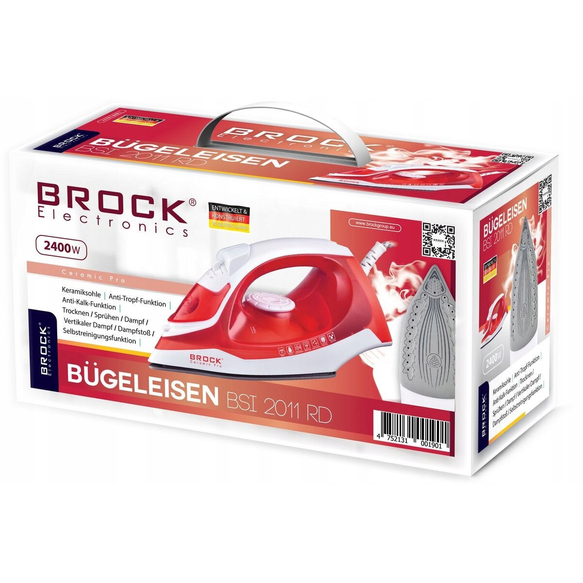 Fier de calcat cu abur Brock BSI2011RD ceramica, 2400W, 280ml, rosu