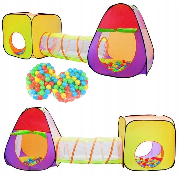 Set Namiot pentru copii cu tunel, 2 domki, culori diverse, material sintetic