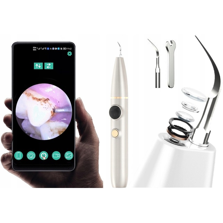 Aparat cu ultrasunete pentru indepartarea tartrului, cu camera Dr. Mayer, 3 moduri de functionare, LED, set complet