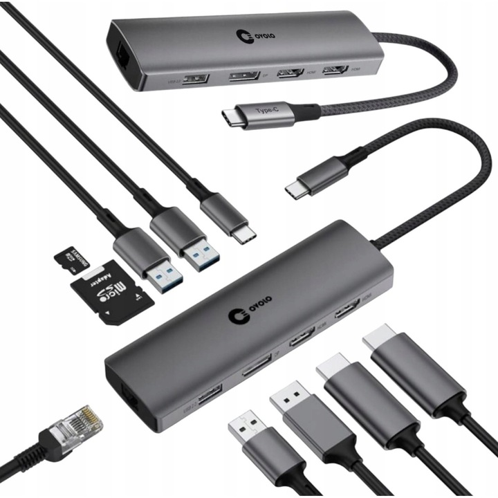 Hub USB-C, 2 monitoare, 100W, HDMI, USB3.0, Ethernet