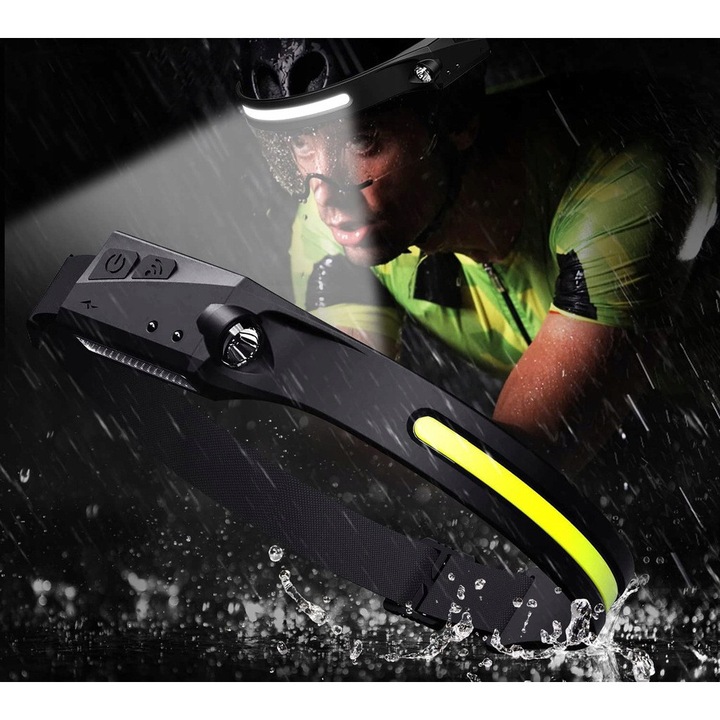 Lanterna frontala LED waterproof cu senzor de miscare, acumulator, IP65, set cu cablu USB de incarcare