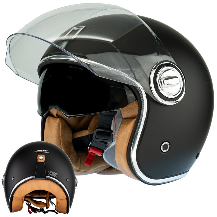 Casca Moto Premium Nox Neo-Retro, Negru Mat, XS (53-54cm), Vizor Transparent, Hipoalergenica