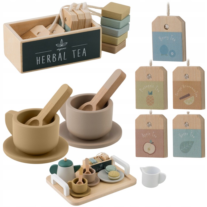 Set de Servire Cafea si Ceai din Lemn pentru Copii, 3+ ani, Pastelat, 8 piese