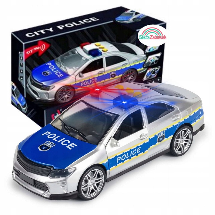 Masinuta Radiowoz Policie 1:14 cu efecte sonore si luminoase, roti din cauciuc, usi deschise, dimensiuni 26x11x9cm