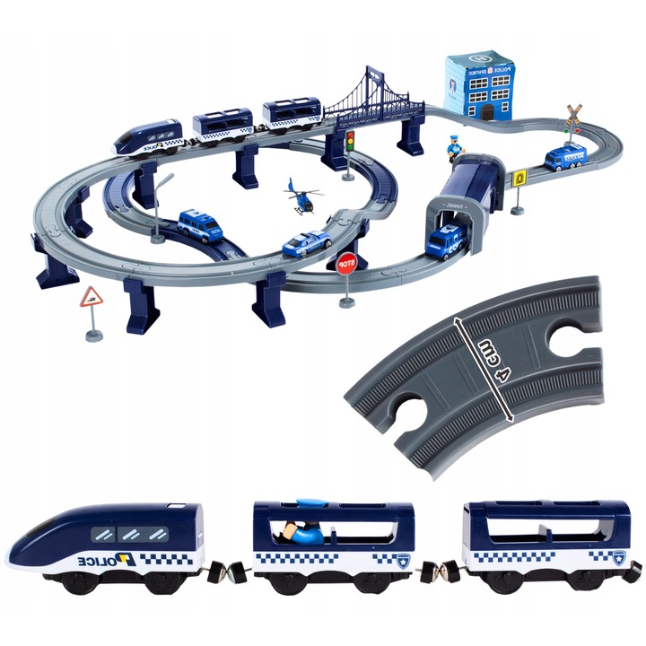 Set Trenulete Electrice cu 92 Elemente, Locomotiva, Pojazde Politie, Tunel, 102x58cm