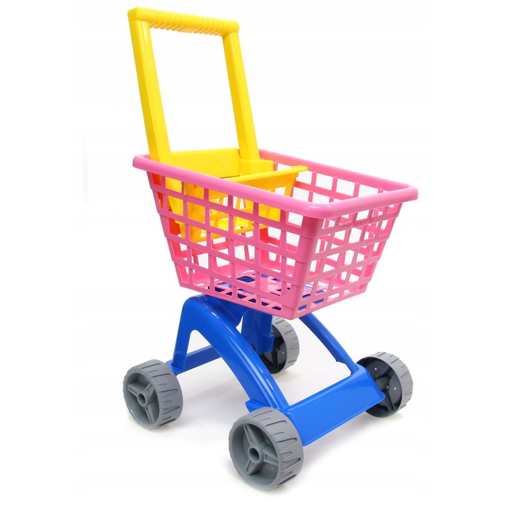Carucior de cumparaturi pentru copii, supermarket, 50cm, metal si plastic, 4 roti, 3+ ani