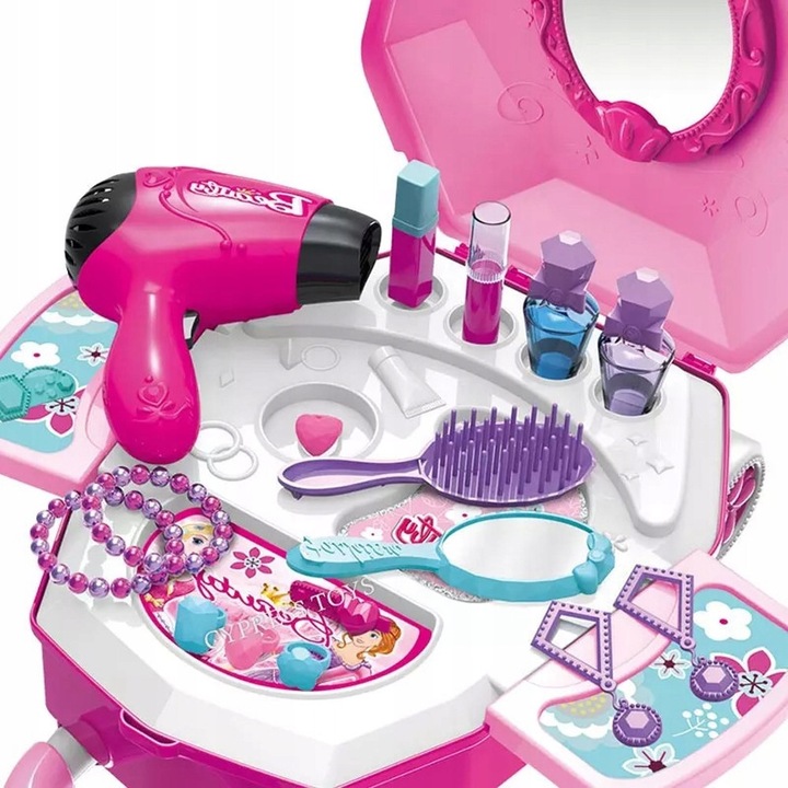 Toaleta 2w1 pentru copii, set cu cosmetice si bijuterii, roz, 44x38x36cm