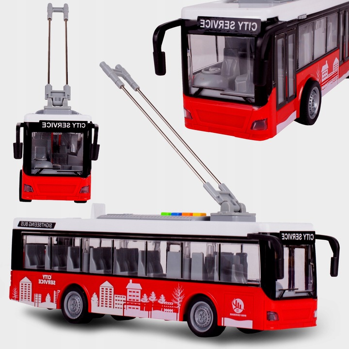 Troleibuz interactiv cu lumini si usi deschise, 1:16, alb-rosu, set cu ambalaj colorat