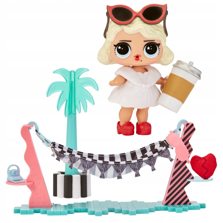 Set de Vacanta cu Papusa si 7 Accesorii, Hamac, Palmier, 26x7,5x8cm, 3+