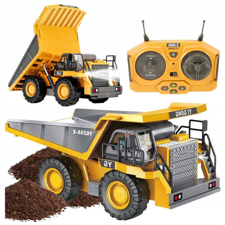 RC építőipari teherautó, 1:18, 11 csatornás, fény- és hangeffektek, 30m, 5 km/h, komplett szett