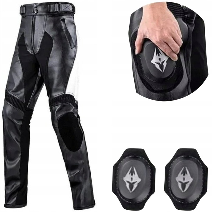 Pantaloni moto din piele, negru-alb, cu incalzire detasabila, marimea M, set cu slidere externe