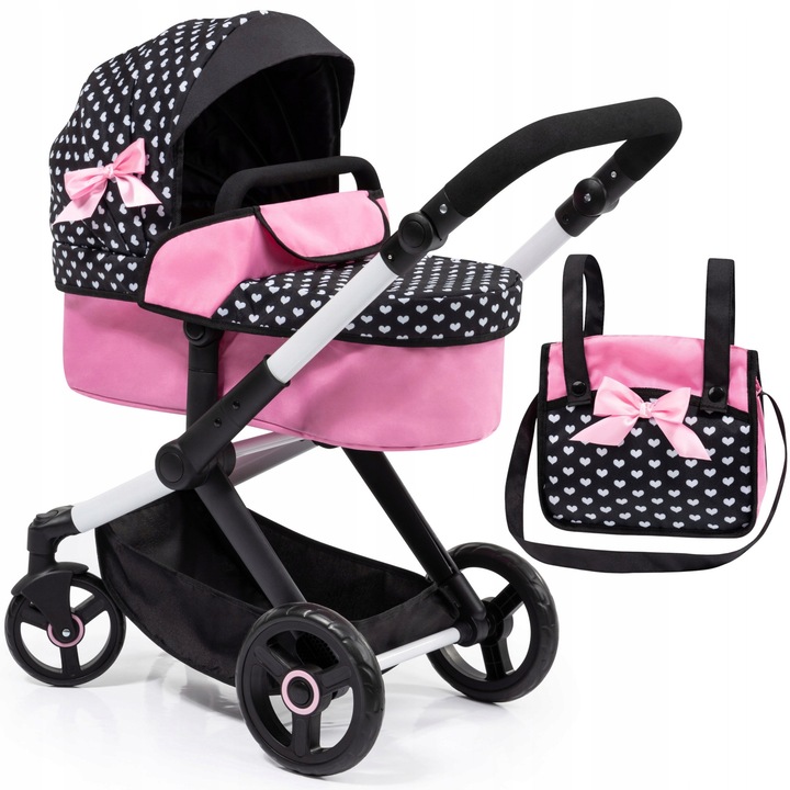 Carucior pentru papusi 2in1, negru-roz, 68x37x73 cm, pentru papusi de 46 cm, set complet