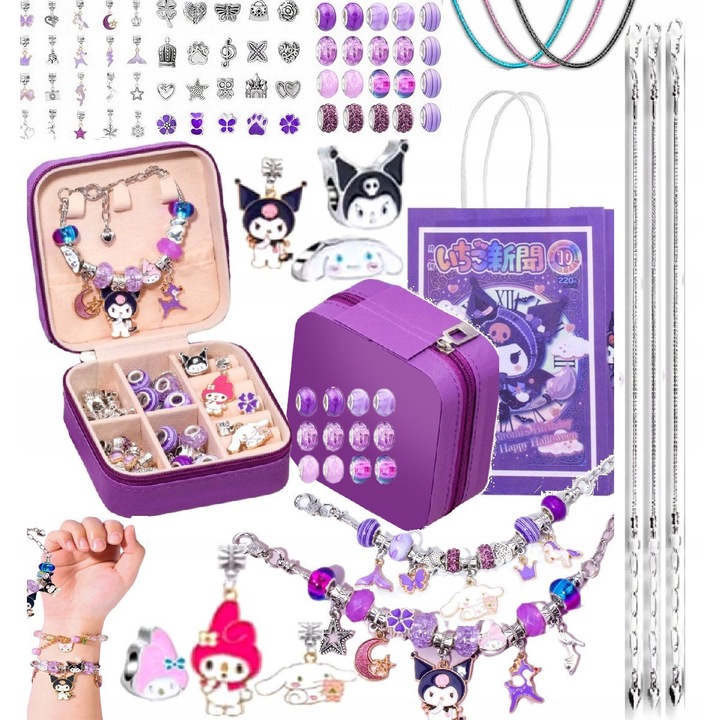 Set de bratari DIY cu perle si charm-uri, 3 bratari, multicolor, cutie cadou