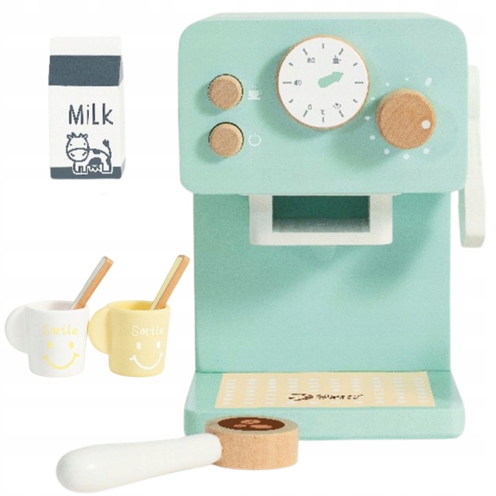 Set de joaca cu expresor de cafea din lemn, 7 elemente, efecte sonore, 12x14x16cm