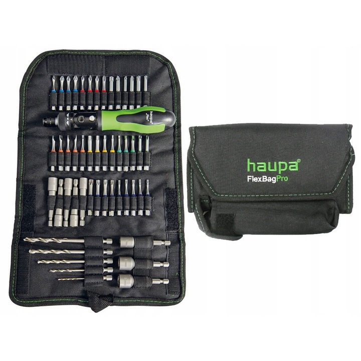 Set surubelnite HAUPA FlexBagPro 51 elemente, verde/negru, cu ratchet, 1/4"