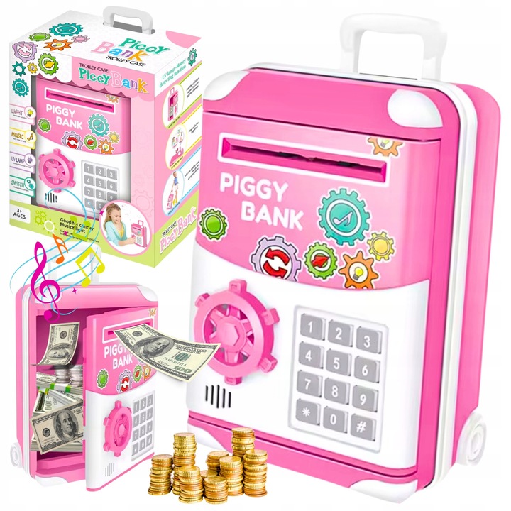 Касичка Сейф Куфарче с PIN, LED и Музика, Розов, 13,2x9,6x23см