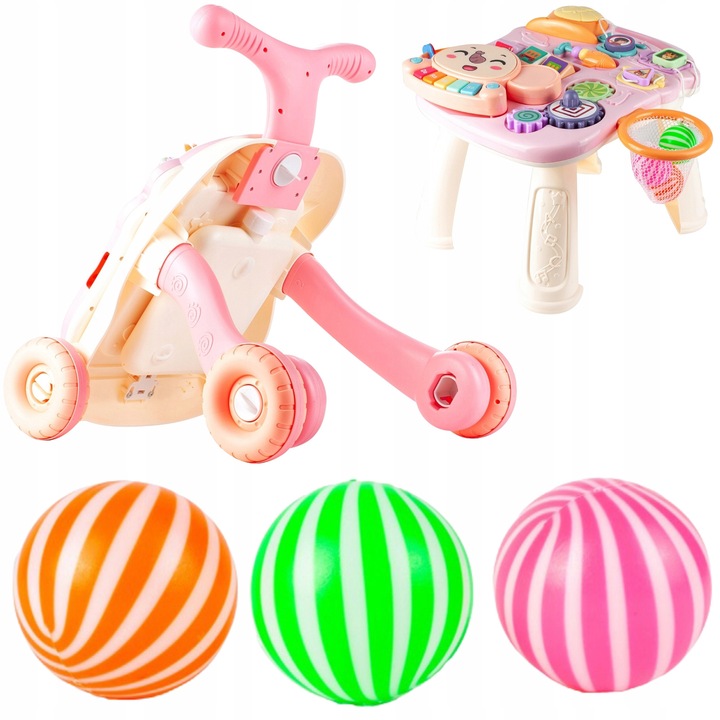 Premergator impingator Pian cu masuta educationala Cos de baschet Set 5 in 1 Roz, 45x43x42cm