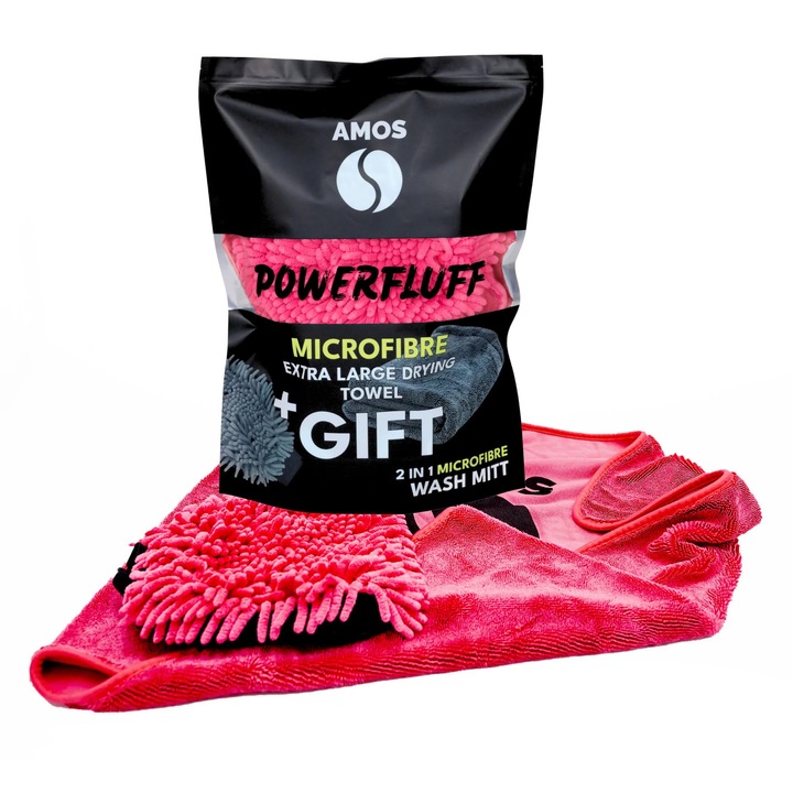 Prosop microfibra ultra absorbant auto AMOS Powerfluff 1000 GSM, manusa spalare, material premium, uscare rapida fara urme, Culoare Roz, Dimensiune 60x80 cm