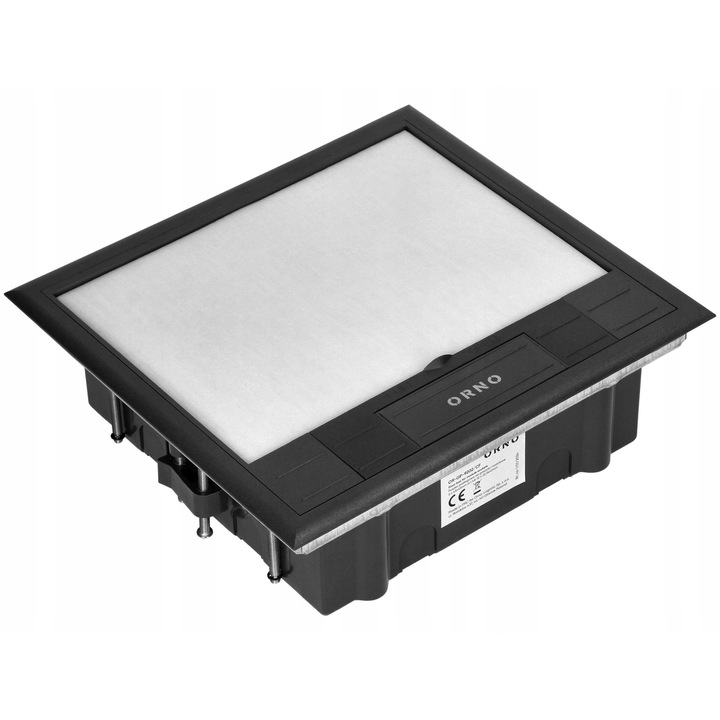 Doza de pardoseala Orno OR-GP-9202/CF pentru prize modulare, 6 x 45x45 mm sau 12 x 22,5x45 mm, capac cu insertie pentru parchet/gresie/mocheta, plastic si otel, Gri RAL 7043, 1 buc