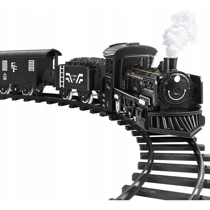 Set trenulet electric pentru copii, locomotiva cu aburi, vagoane si sine, negru, dimensiuni variate