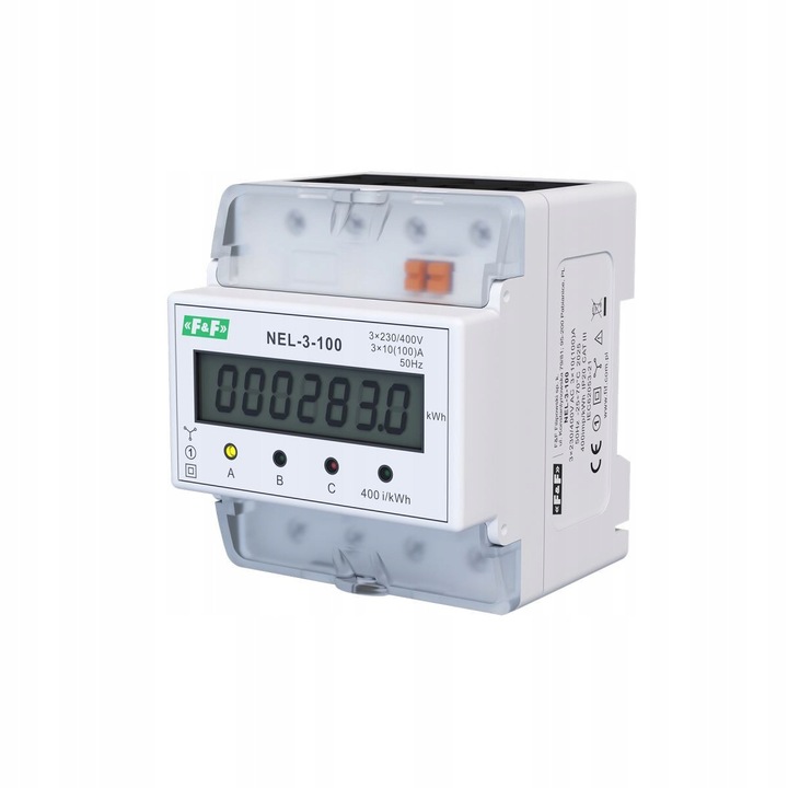 F&F 100A 3x400V 3 fázisú villanyóra, 4 modul, LCD, IP20