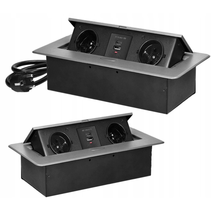 Behúzható bútor aljzatsor pultba, 2x USB A+C töltővel, 1,5m kábel, ezüst
