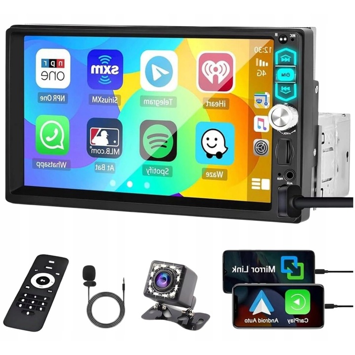 Radio auto 1Din cu ecran tactil de 7 inch, Bluetooth 4.0, CarPlay si Android Auto, camera de marsarier, negru