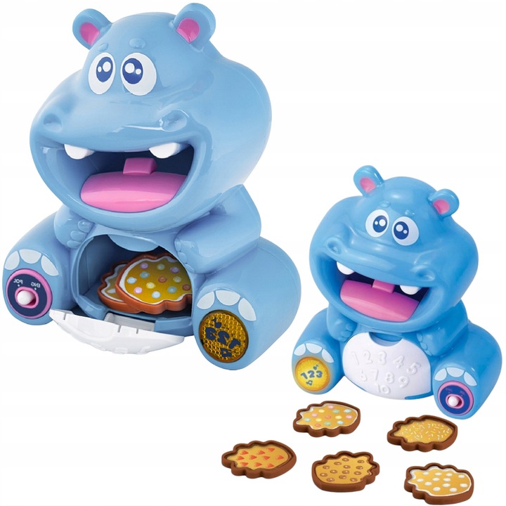 Hipcio interactiv cu functie de numarare, jucarie educativa, 1 an+, efecte sonore si luminoase, set cu biscuiti colorati