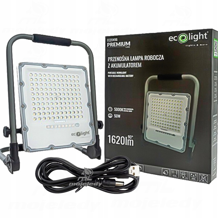 Proiector LED cu acumulator Ecolight 50W 1620Lm 5000K IP65 375x275x53mm
