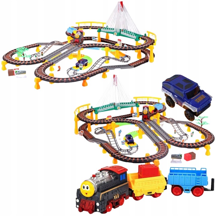 Set trenulet electric cu locomotiva si masinuta, 192 elemente, 700cm, multicolor