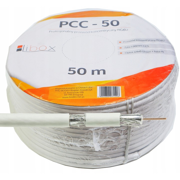 Коаксиален кабел RG6 LIBOX 50м, бял, за ТВ сигнал