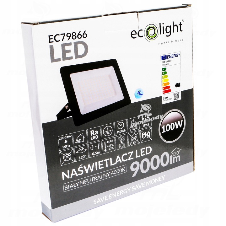 Proiector LED 100W 9000lm 4000K IP65 Ecolight, dimensiuni 20,8x25,6x3,1cm