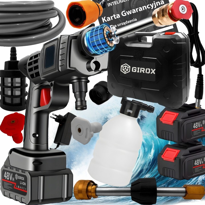 Myjka cu presiune Girox 48V, 1500W, 2 baterii 10000 mAh, neagra, set complet