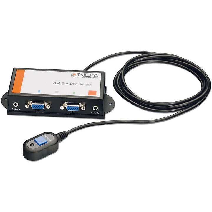 Switch VGA/Audio Lindy, 2x IN - 1x OUT, 10.3x5.5x2.3cm, maxim 50m, rezolutie 1900x1200