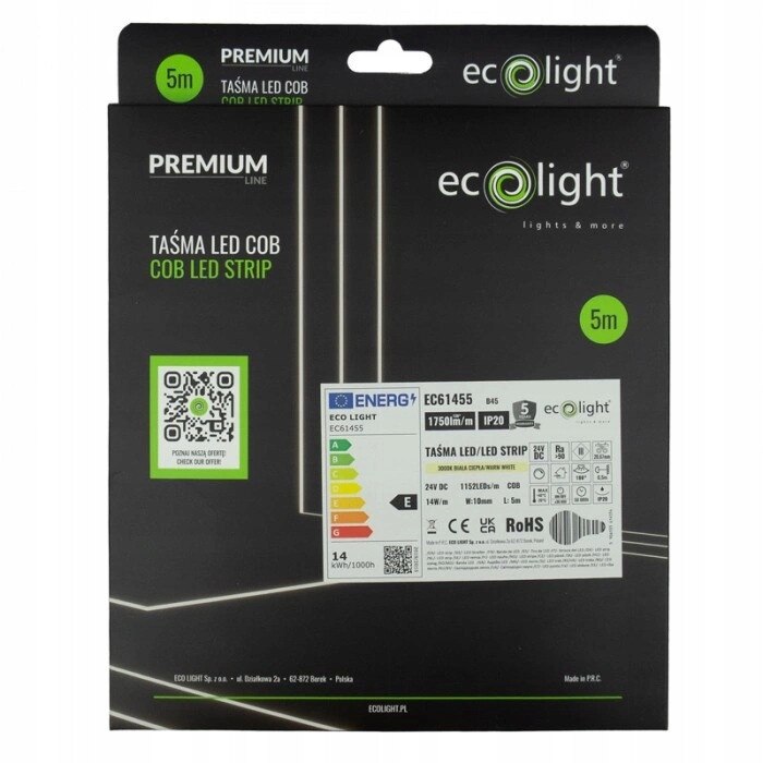 Ecolight Ecolight 24V COB LED szalag 1152LED/m 14W/m 3000K 5M - eMAG.hu