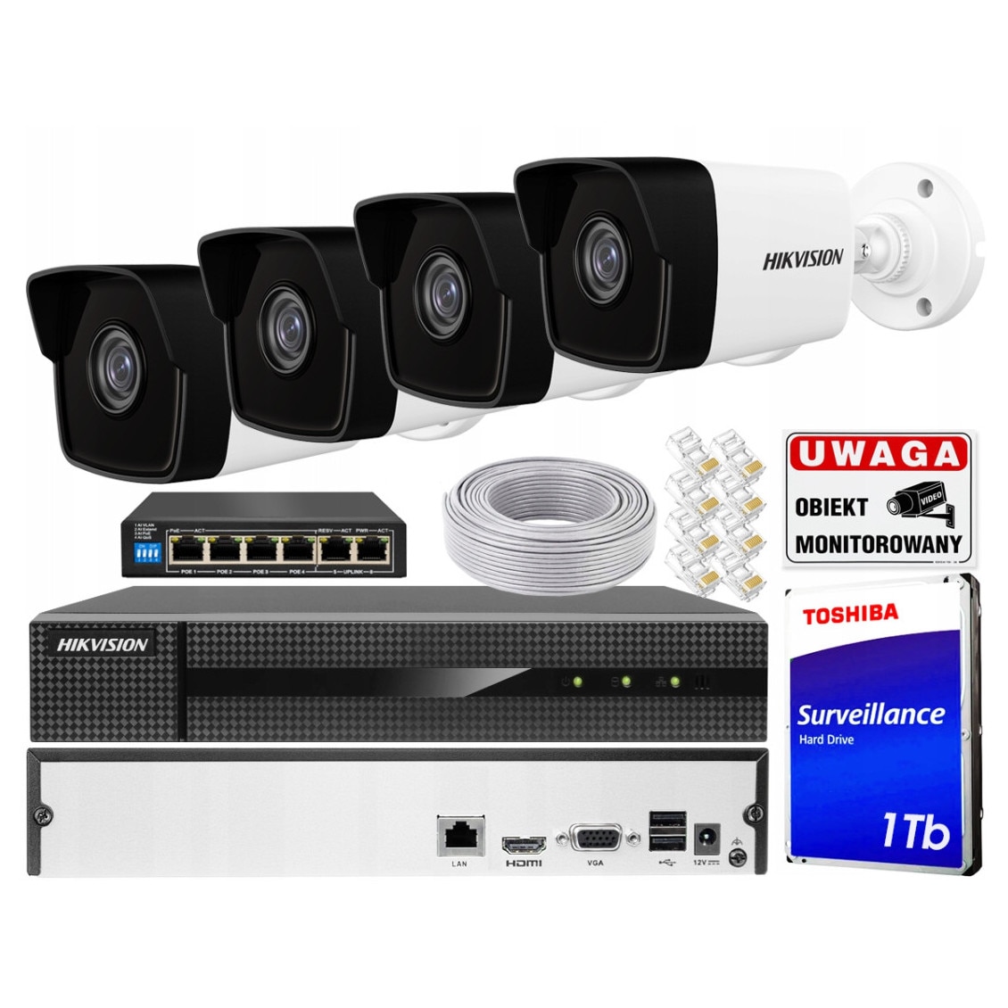 Комплект за IP наблюдение с 4 камери Hikvision 4Mpx, 1TB, PoE, IP67 ...