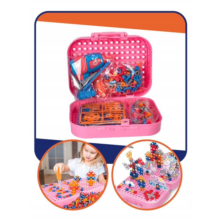 Klocki 3D építőkészlet 228 db-os, bőrönddel és csavarhúzóval, többszínű