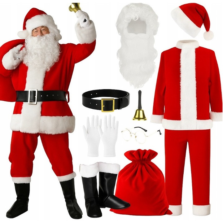 Costum de Craciun, Malatec, Mos Craciun PREMIUM, 13 elemente, rosu, universal